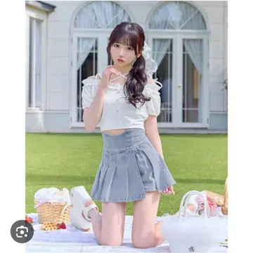 미셸 마카롱 데님 플리츠 미니 스커트
