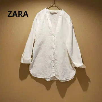 ZARA 자라 린넨 100% 린넨 셔츠 노카라 M 블라우스 화이트