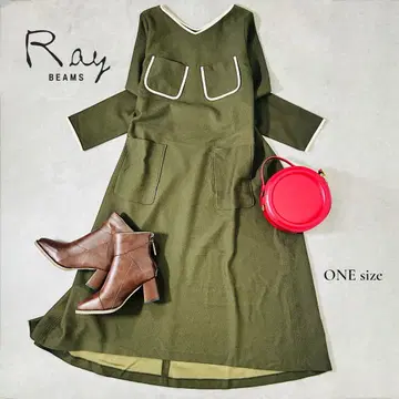 Ray BEAMS 코듀로이 조 V넥 원피스 카키 x 화이트 트리밍