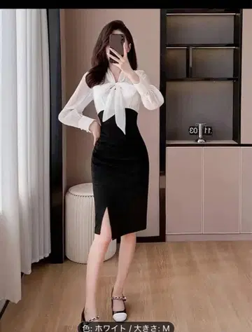 새상품 2가지 색상 선택 가능 리본 포함 셔츠풍 드레스 M 화이트/블랙