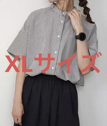 JUNOAH 반팔 밴드 카라 스트라이프 오버 셔츠