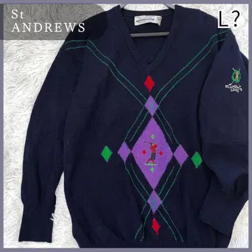 세인트 앤드류스 골프 아가일 니트 빈티지 울 네이비