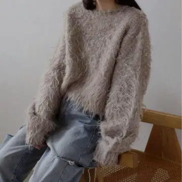 ENC 테디베어 샤기 크롭 풀오버 니트 F