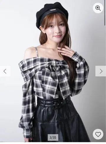 오프숄더 리본 체크 셔츠 상의
