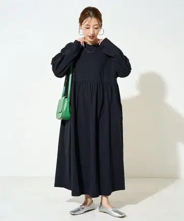 프릭스스토어 허리 개더 절개 맥시 원피스 긴팔 블랙