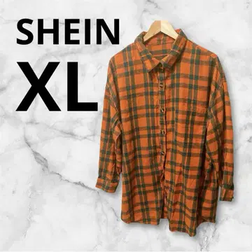 SHEIN XL 오렌지와 그린 체크 셔츠