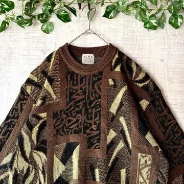 빈티지 패턴 니트 스웨터 어스 컬러 브라운 레트로 일본제 울 L
