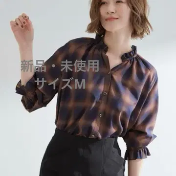 그로브 체크 네이비 블라우스 7부 소매 M