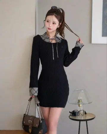택 포함 새상품 다리치 레이어드라이크 니트 미니 원피스 F 블랙