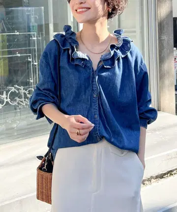 Rie Miller 리에미러 프릴 개더 데님 블라우스 노리즈