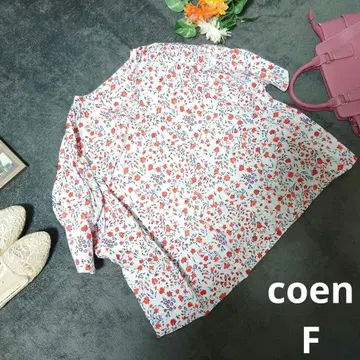 coen 노카라 셔츠/블라우스 (M~L 상당) V넥/꽃무늬/면 100%