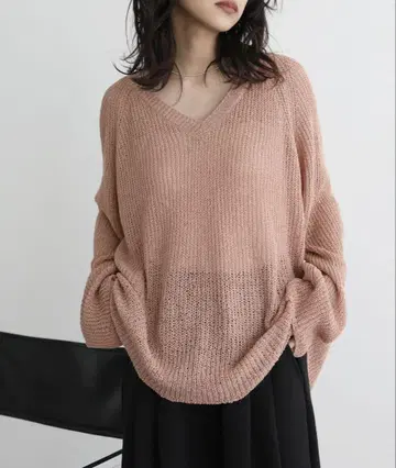 hellam (헤람) V넥 시스루 루즈 니트 핑크