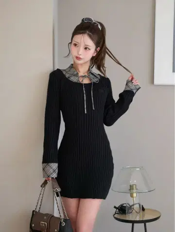 Darich 레이어드 니트 미니 원피스 블랙 FREE