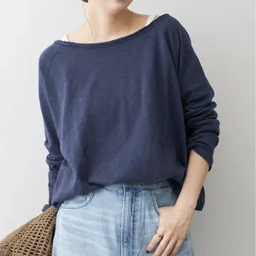 Spick and Span 코튼 슬라브 크루넥 풀오버 네이비