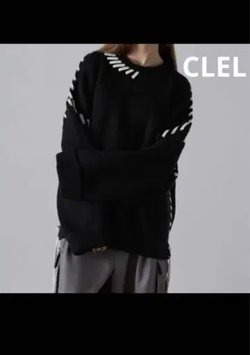 CLEL 핸드스티치 사이드 레이스 니트 블랙 s