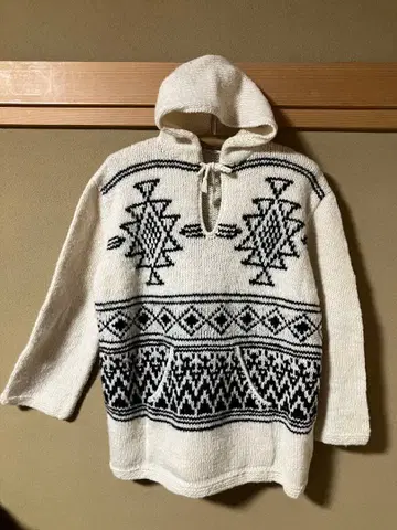 손뜨개질 울 기하학 패턴 기모 후드티 화이트/프리 사이즈