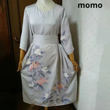 순수 실크 호몬기 허리 리본 포함 턱 들어간 원피스 기모노 리메이크