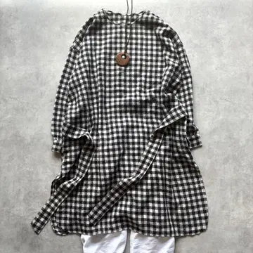 새상품급 메종드소일 루즈핏 깅엄 체크 울 원피스 인도 면