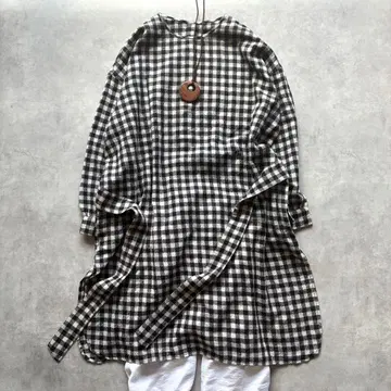 새상품급 메종드소일 루즈핏 깅엄 체크 울 원피스 인도 면