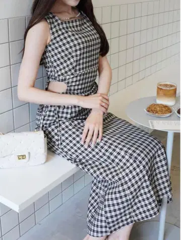 POMME d'amour 참 사이드 리본 원피스 체크 무늬 원피스