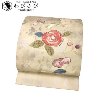 나고야 오비 귀여운 동백꽃 무늬 금은사 미색 O-5505