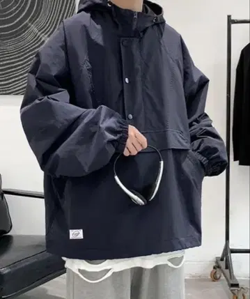 네이비 나일론 자켓 후드 부착