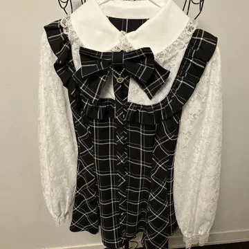 시크릿허니 체크 무늬 프릴 옷깃 리본 셋업