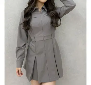 박스 플리츠 셔츠 미니 원피스 그레이