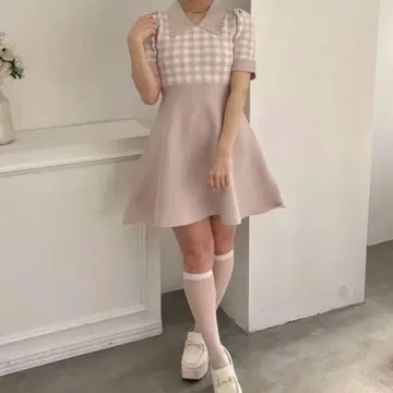 evelyn 에블린 깅엄 펄 니트 원피스 핑크
