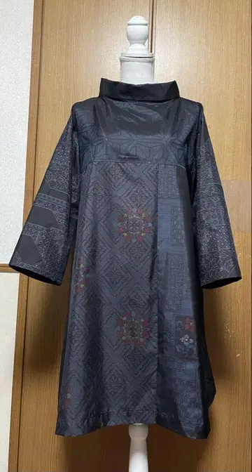 기모노 리메이크 남색 계열 오시마 패치워크 A라인 튜닉 원피스 롤 칼라