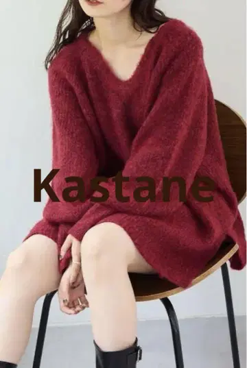 Kastane 카스타네 멜란지 V넥 니트 풀오버 레드