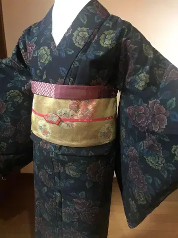앤티크 기모노 홍 황 모란