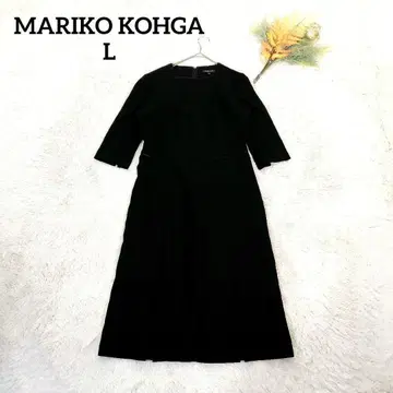 마리코 코우가 롱 7부 소매 원피스 (L) 노카라 블랙 포멀 스퀘어 넥