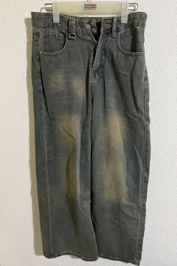 그레이 와이드 데님 팬츠 데미지 가공