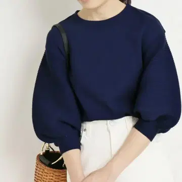 IENA 이에나 리브 스트레치 벌룬 슬리브 풀오버 네이비
