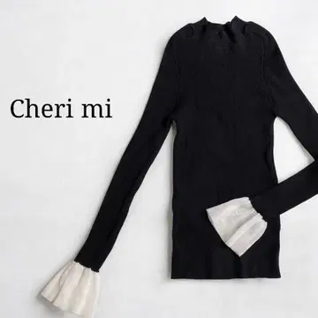 cherimi 셰리미 플레어 슬리브 리브 니트 레이스 블랙 페미닌