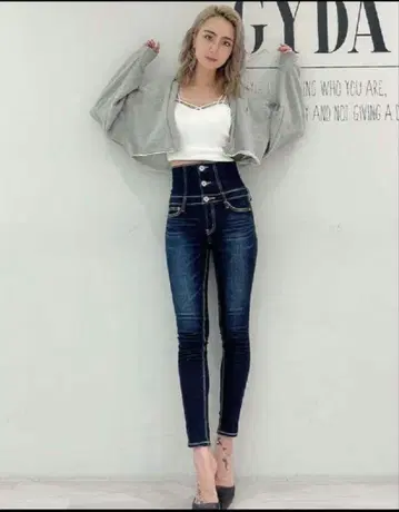 GYDA 하이웨스트 데님 스키니 데님 스키니 팬츠 다크 블루 S