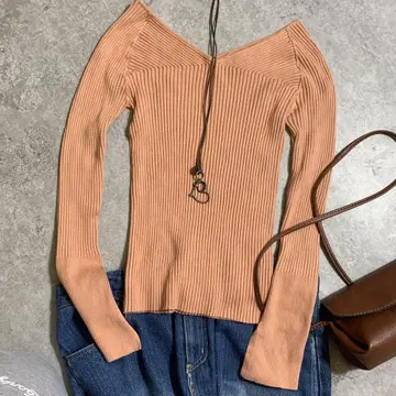 새상품급 moussy 리브 V넥 긴팔 상의 라이트 오렌지