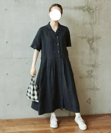 PAR ICI 프렌치 린넨 캔버스 오픈 카라 셔츠 원피스 빈티지풍