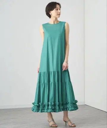ANAYI 친츠 오간자 개더 원피스 green