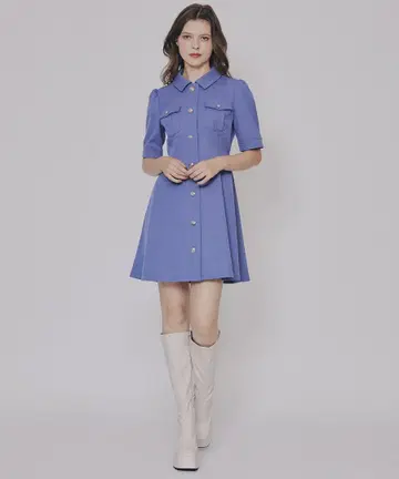 엠블럼 버튼 트윌 셔츠 원피스 블루
