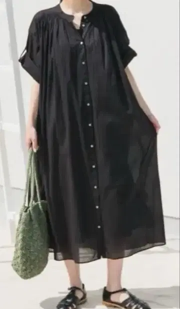 코튼 보일 롤업 하프 슬리브 원피스