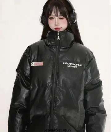 100stars 베이직 로고 인조 가죽 다운 자켓 한국 Y2K