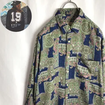 구제 올 패턴 셔츠 에스닉 패턴 꽃무늬 네이비 그린 녹색 M 화려한