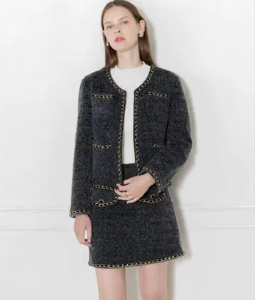 [ LEJA ] 울 터치 골드 버튼 노카라 자켓 + 미니 타이트 스커트