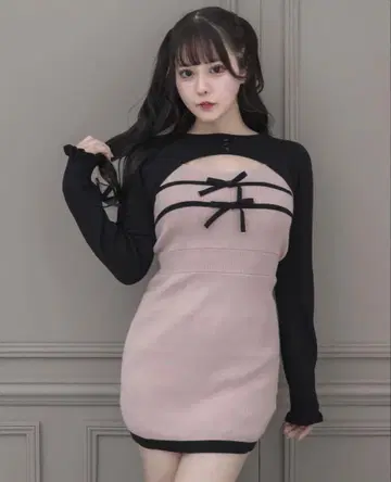 pium 리본 테이프 레이어드 니트 원피스