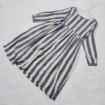 이치 롱 원피스 린넨 혼방 스트라이프 루즈핏 베이지 네이비