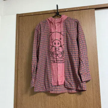 후드 부착 레이어드 스타일 체크 셔츠 돼지 프린트