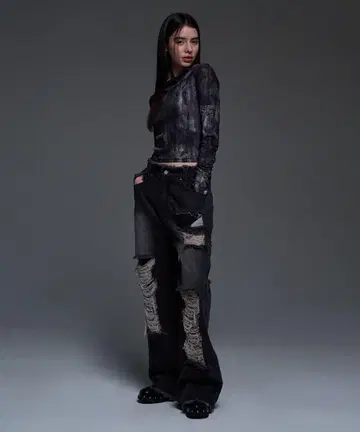 FANCY CLUB 디스트로이드 와이드 데님 팬츠 BLACK