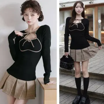 Darich 포인트 체크 니트 미니 원피스 (BLK FL 사이즈)